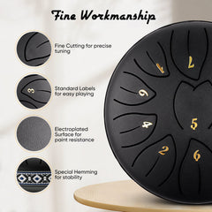 ALILYY Steel Tongue Drum 11 Note 6 Inches D-Key Tank Drum Handpan Drum Percussion Instrument for Meditation Entertainment Musical Education Concert Mind Healing Yoga,Black