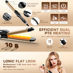 Ceramic Hair Straightener and Curler 2 in 1 - Curling Iron 1.25 In , Adjustable Temp 450°F, Dual Voltage, Anti-Tangle Barrel for Salon Shine, Frizz-Free Curls & Straight Styles for All Hair